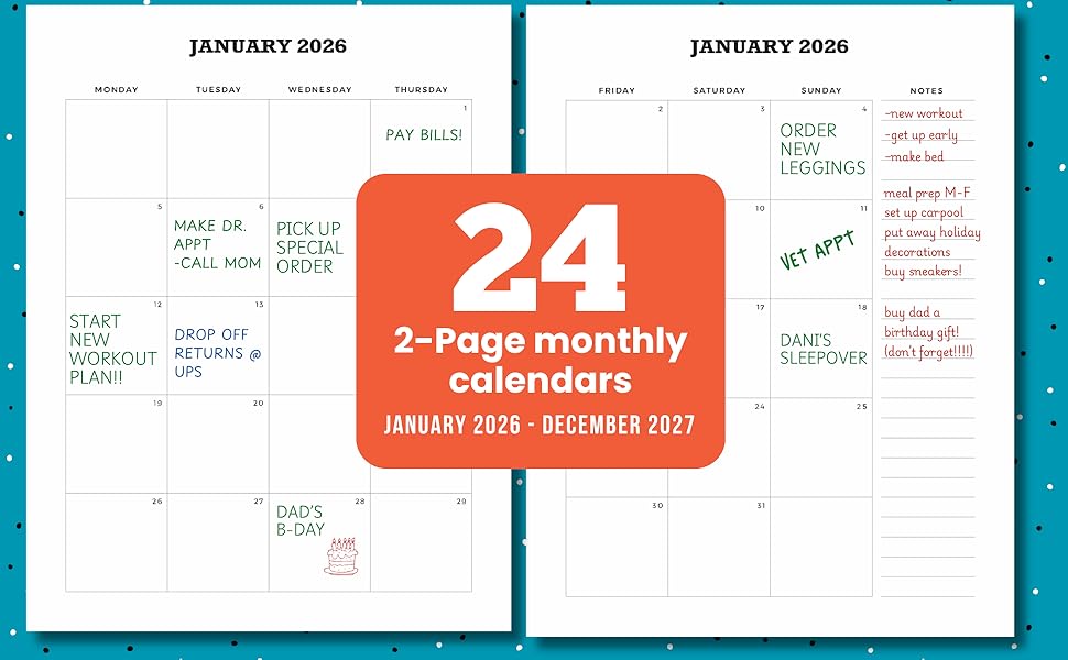 24 2-page monthly calendars. January 2026 - December 2027
