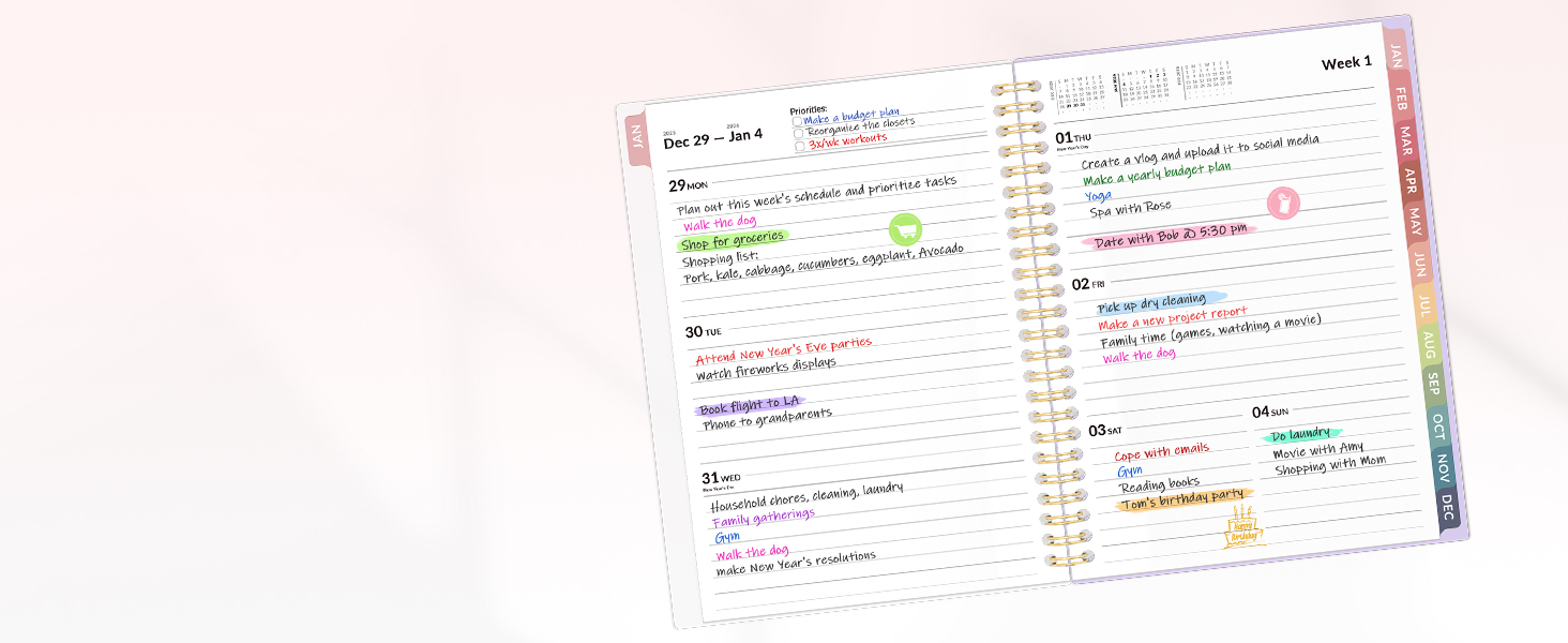 Weekly Planner Provides generous lined writing space for detail plans and keeping track of all days.
