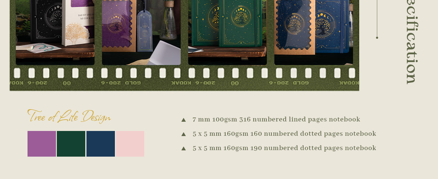Film strip style product display showing decorative notebooks in various colors including purple, teal, and navy blue, with color palette swatches below.