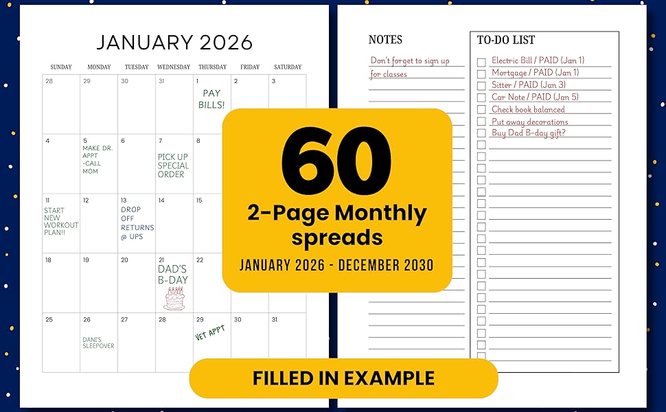 60 2-page monthly spreads - January 2026 - December 2030