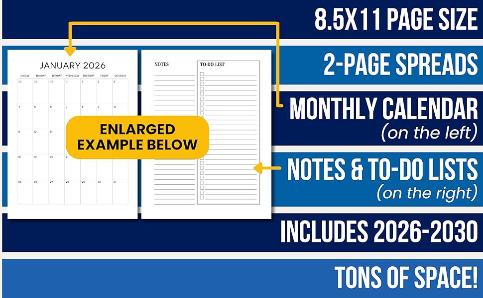 8.5x11 page size, 2-page spreads, monthly calendars and to-do lists