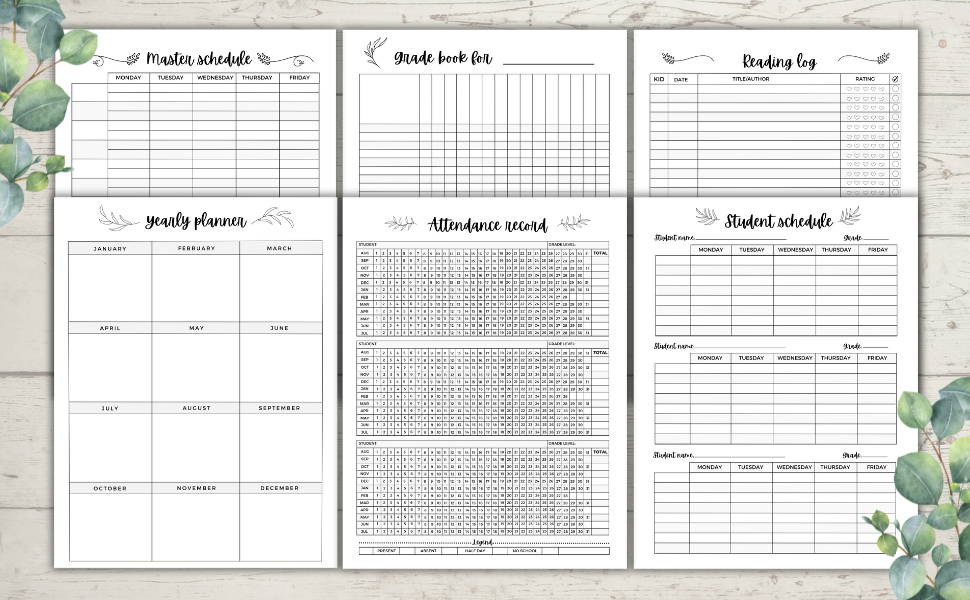 Sample master and students schedule, yearly planner, grade book, reading log, attendance record