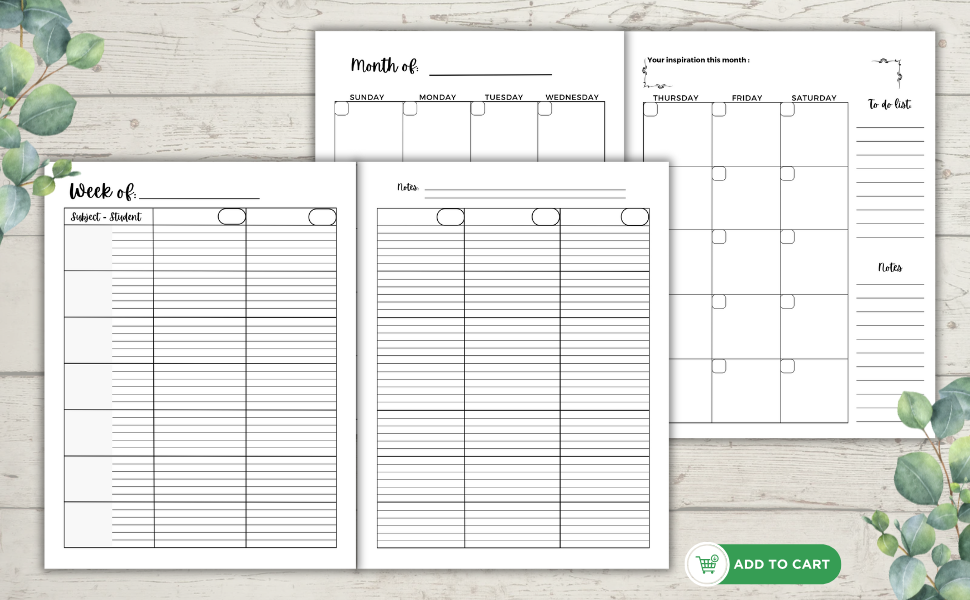 sample of the monthly and weekly undated planner for 1-6 children
