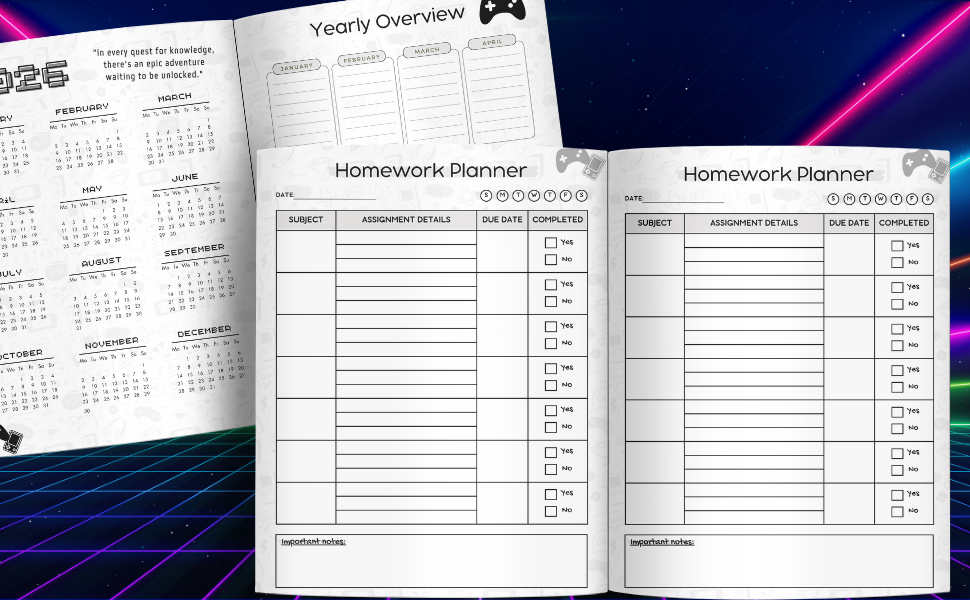 Homework Log for student, Homework planner for kids, Homework Planner 2025-2026 for gamers