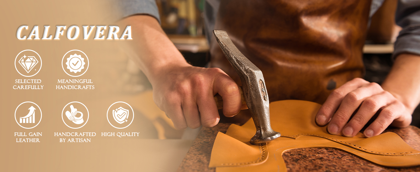 Text reads 'CALFOVERA'. Close-up product demonstration image with hands working on surface, featuring circular icons indicating product features.