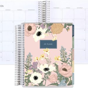 7x9 Coiled Monthly Planner (January 2026 - December 2026) - Bouquet classic cover, Pastel Minimal theme, platinum coil