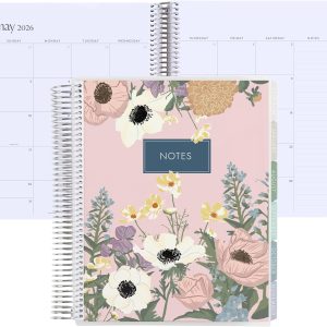 8.5x11 Coiled Monthly Planner (January 2026 - December 2026) - Bouquet classic cover, Pastel Minimal theme, platinum coil