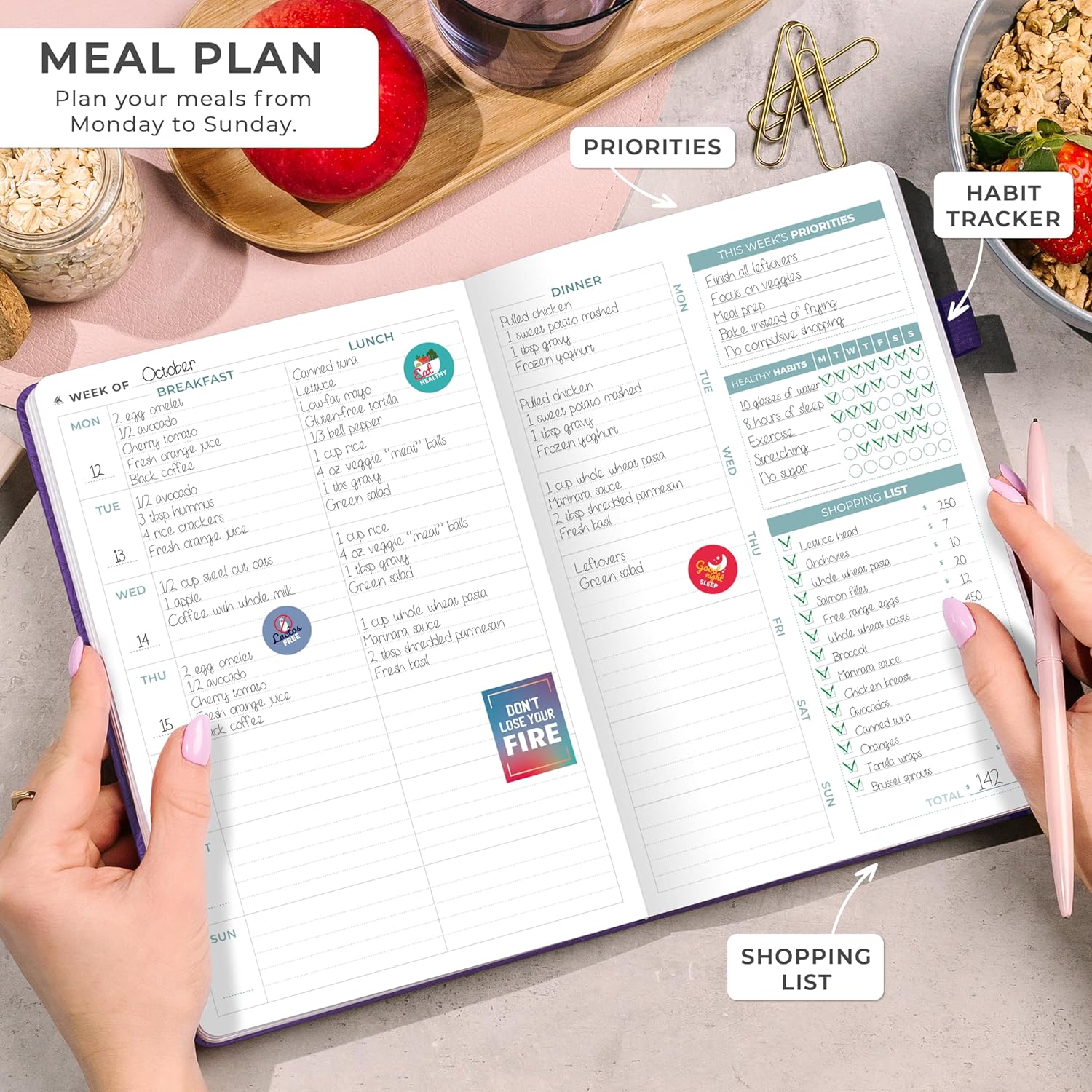 Clever Fox Weekly Meal Planner - Weekly & Daily Meal Prep Journal with Shopping and Grocery Lists for Menu Planning, Healthy Diet & Weight Loss Tracking, Lasts 1 Year, Undated, A5 - Purple - Image 3