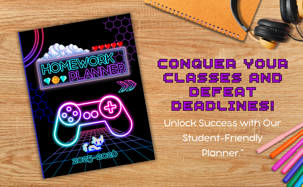 Homework Log for student, Homework planner for kids, Homework Planner 2025-2026 for gamers