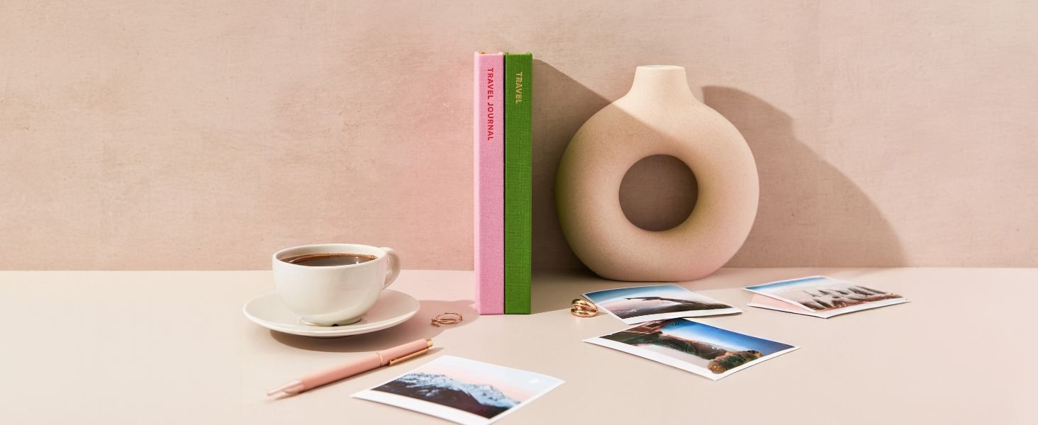 Travel journal for women in green and pink with lay flat binding