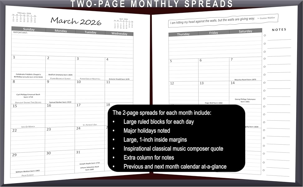 Two-Page Monthly Spreads for the Classical Music Lover&amp;#39;s 2025-2026 Planner