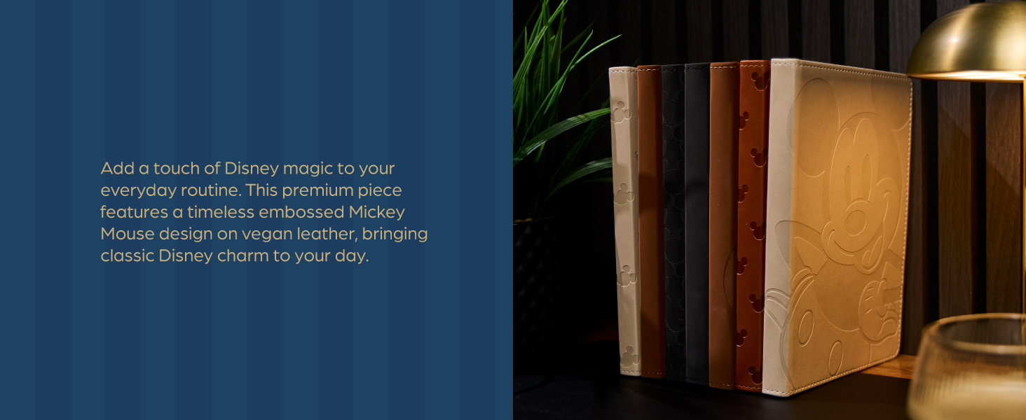 Several Mickey vegan leather journal colors. Text reads: Add Disney magic to your routine.