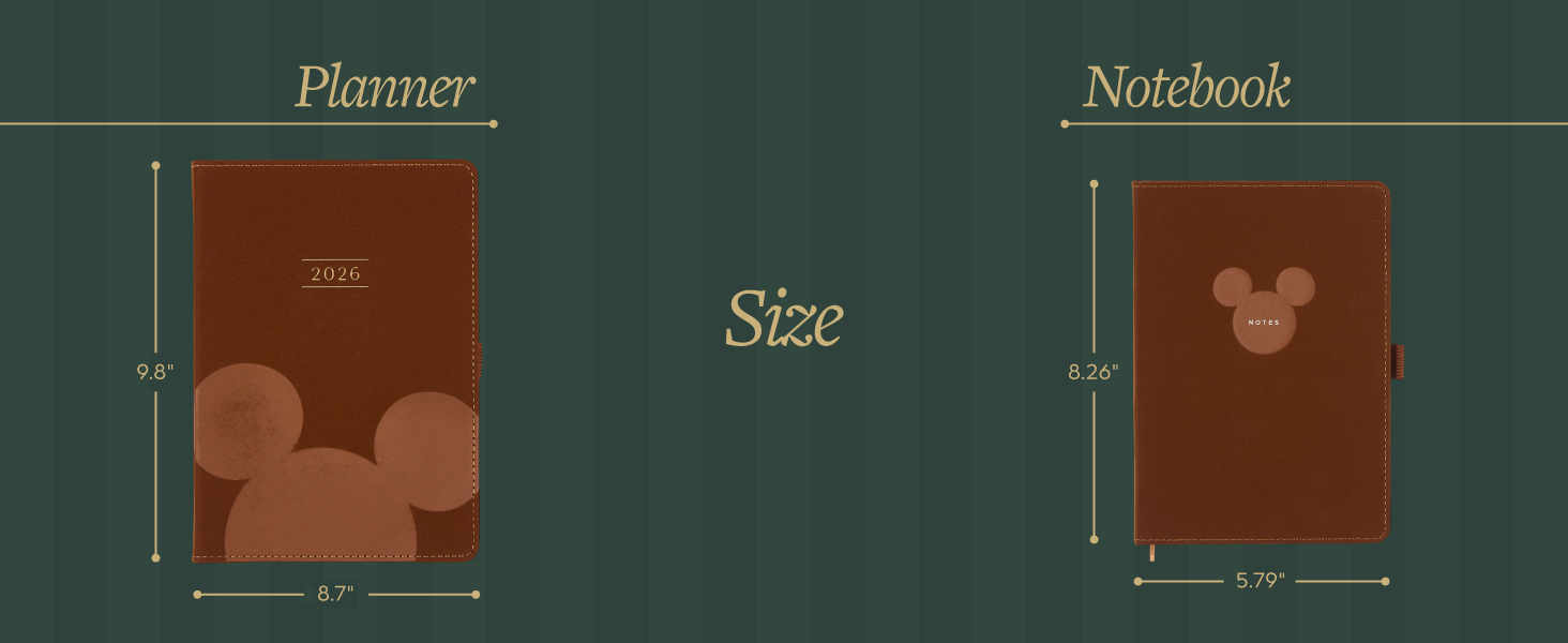 Image showing planner and notebook size dimensions, Text reads: Planner. Size. Notebook.