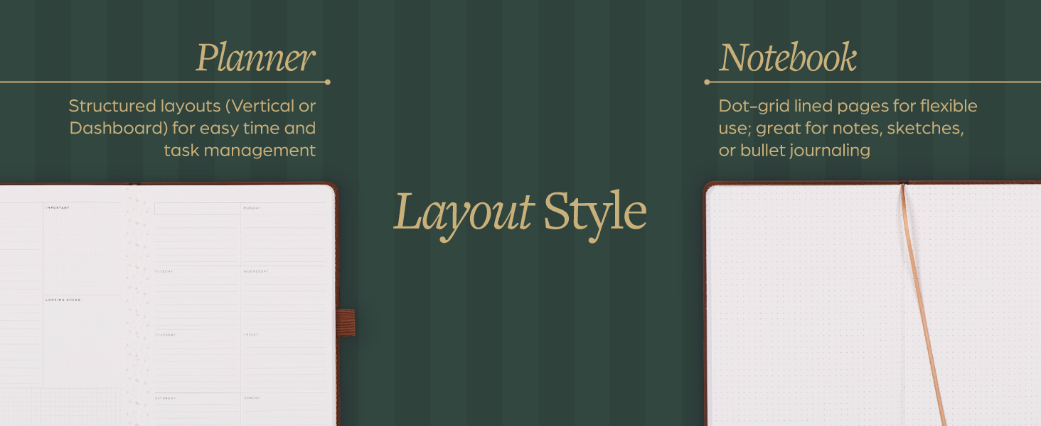 Open calendar planner and notebook pages. Text reads: Planner. Layout Style. Notebook.