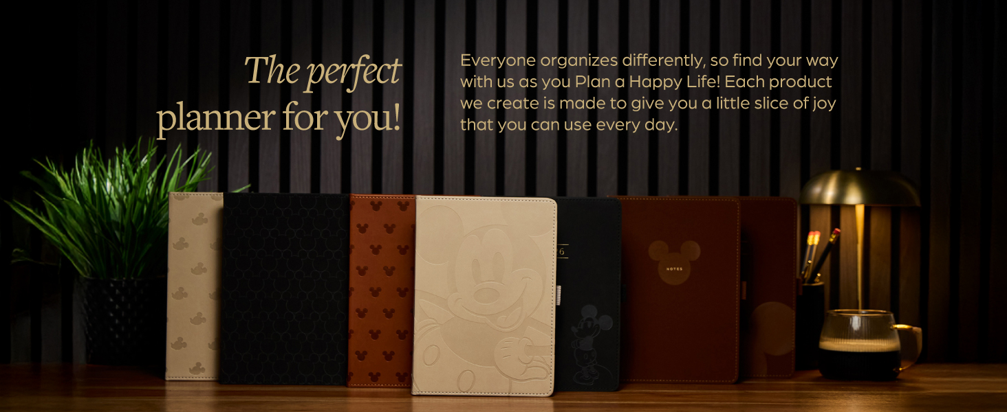Several vegan leather Mickey Mouse desk planners. Text reads: The perfect planner for you.