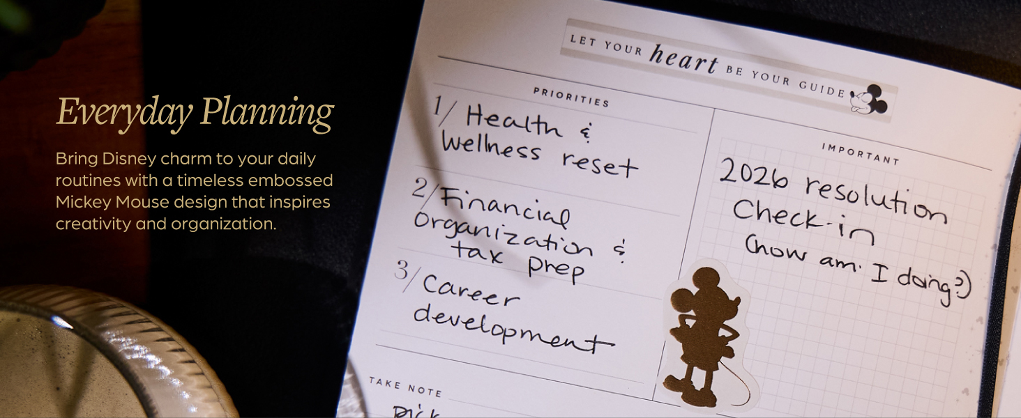 A Mickey Mouse day-planner page with a to-do list. Text reads: Everyday planning.
