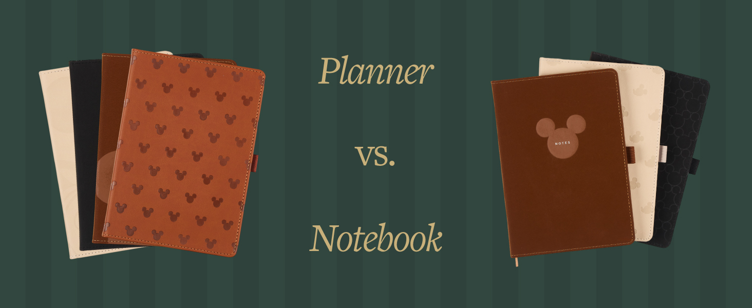 Several stacked Disney journal notebooks and planners. Text reads: Planner vs. notebook.