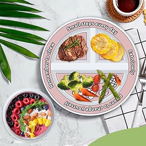 The rendering of portion-control plates and bowls filled with food.
