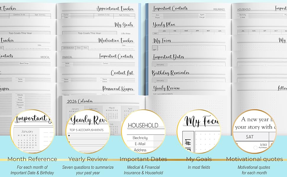 Open planner or journal pages showing multiple sections with handwritten entries and highlighted sections in light blue.
