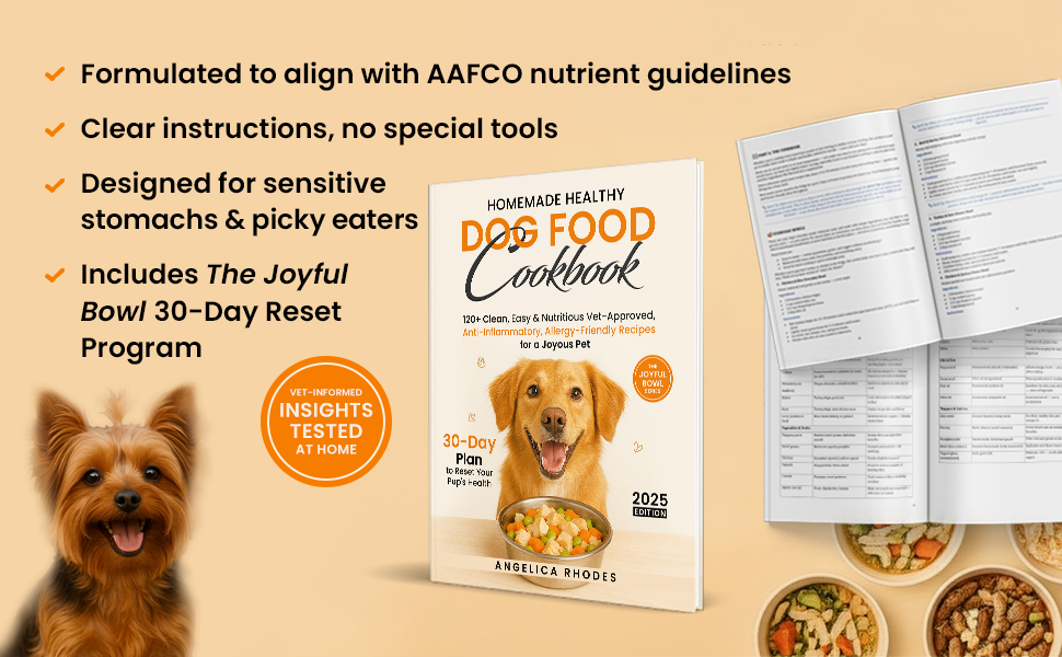 Dog food cookbook open pages, bowls of fresh food, Yorkie, AAFCO-aligned, vet-approved recipes.