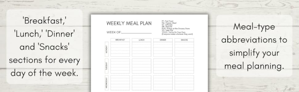 Breakfast, lunch, dinner and snacks sections for every day of the week, meal-type abbreviations also