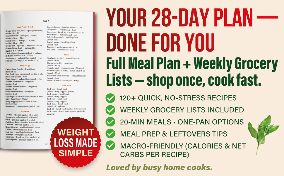28-day high-protein low-carb cookbook meal plan with lists and 20-minute macro-friendly recipes