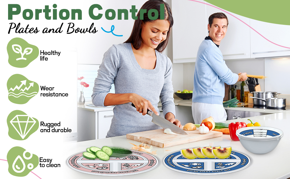 portion control plates and bowls, highlighting durability, easy cleaning, and a healthy lifestyle.