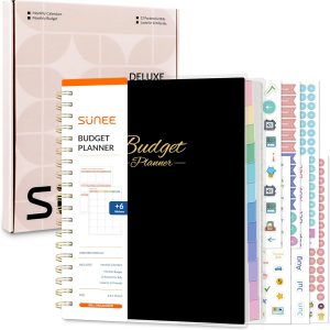 SUNEE Budget Planner - Deluxe Monthly Budget Book with 12-Pockets for Bill Organizer, Undated 12 Month Expense Tracker Notebook & Account Book B5 Size (8" x 10") to Manage Your Finance Planner, Black
