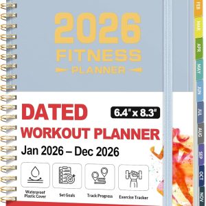 2026 Fitness Workout Journal Planner for Women & Men, JAN 2026 - DEC 2026 Exercise Planner, 6.4" x 8.3" Workout Calendar Journal Essentials Gift for Goals, Tracking,Gifts with PVC Plastic Cover, Blue