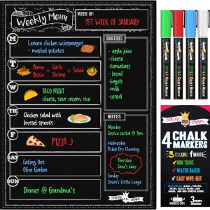 CHALKY CROWN Magnetic Dry Erase Menu Board for Fridge Includes 4 Liquid Chalk Markers - Weekly Meal Planner Blackboard, Grocery List & Notepad for Kitchen Refrigerator - Chalkboard Magnet 15.6" x11.6