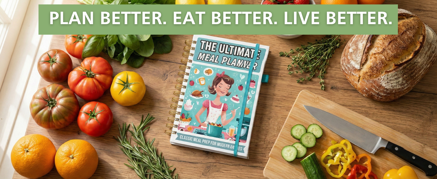 meal planner notebook next to fresh produce on kitchen counter