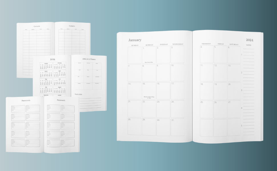 January opening of monthly planner, contacts pages, passwords pages, 2024 overview, year at a glance
