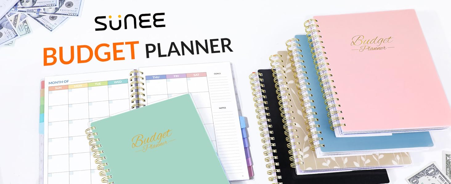SUNEE Budget Planner Deluxe Monthly Budget Book with 12-Pockets for Bill Organizer Undated 12 Month