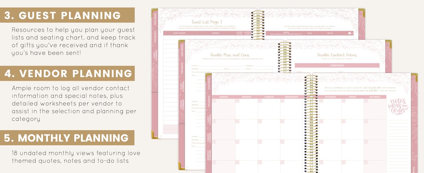Gold Floral Wedding Planner tabbed sections Guests Vendor &amp; Monthly Planning