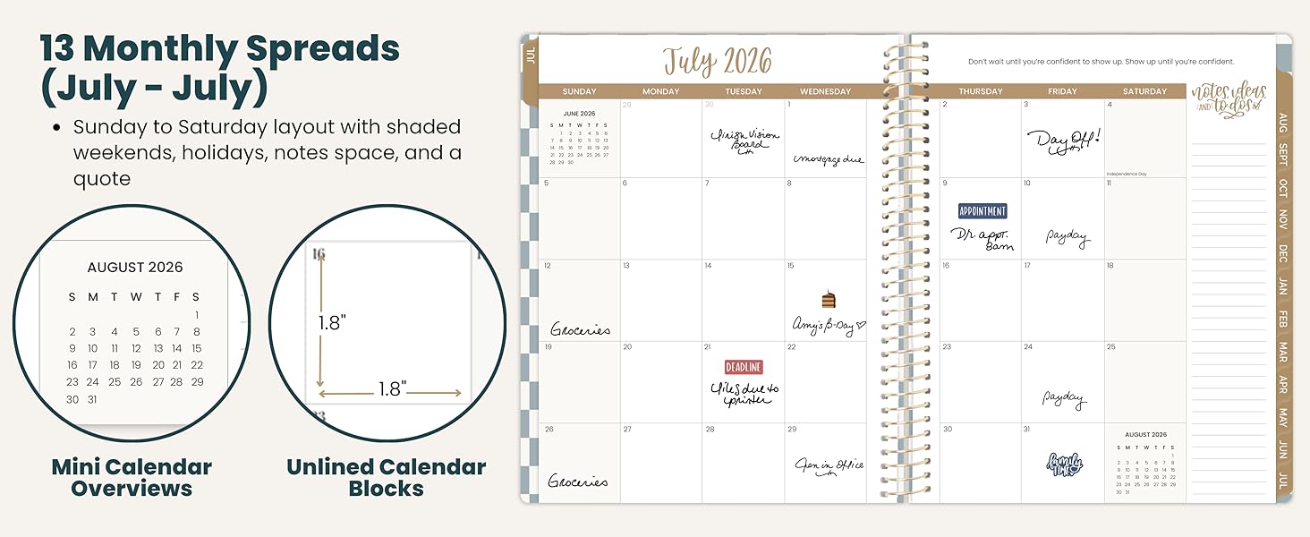 13 months july to july sunday to saturday layout shaded weekends quotes