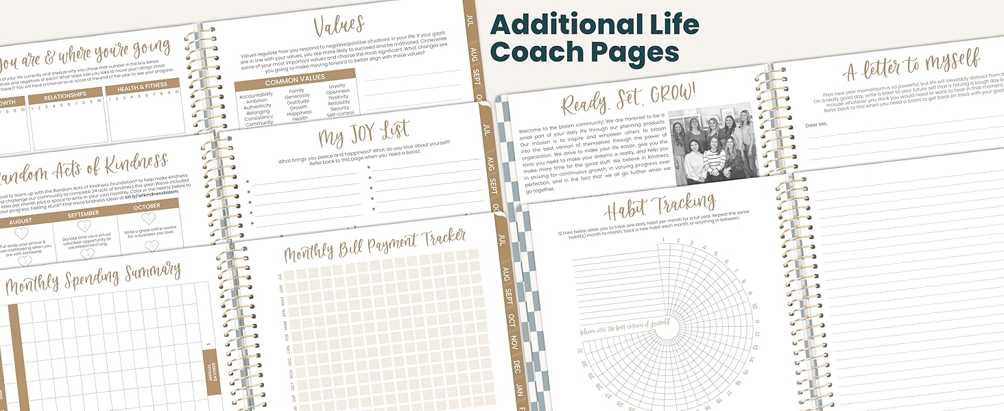 additional life coach pages joy list visions values monthly spending bill payment