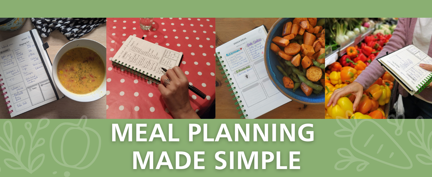 meal planner notebook next to food and in the grocery store