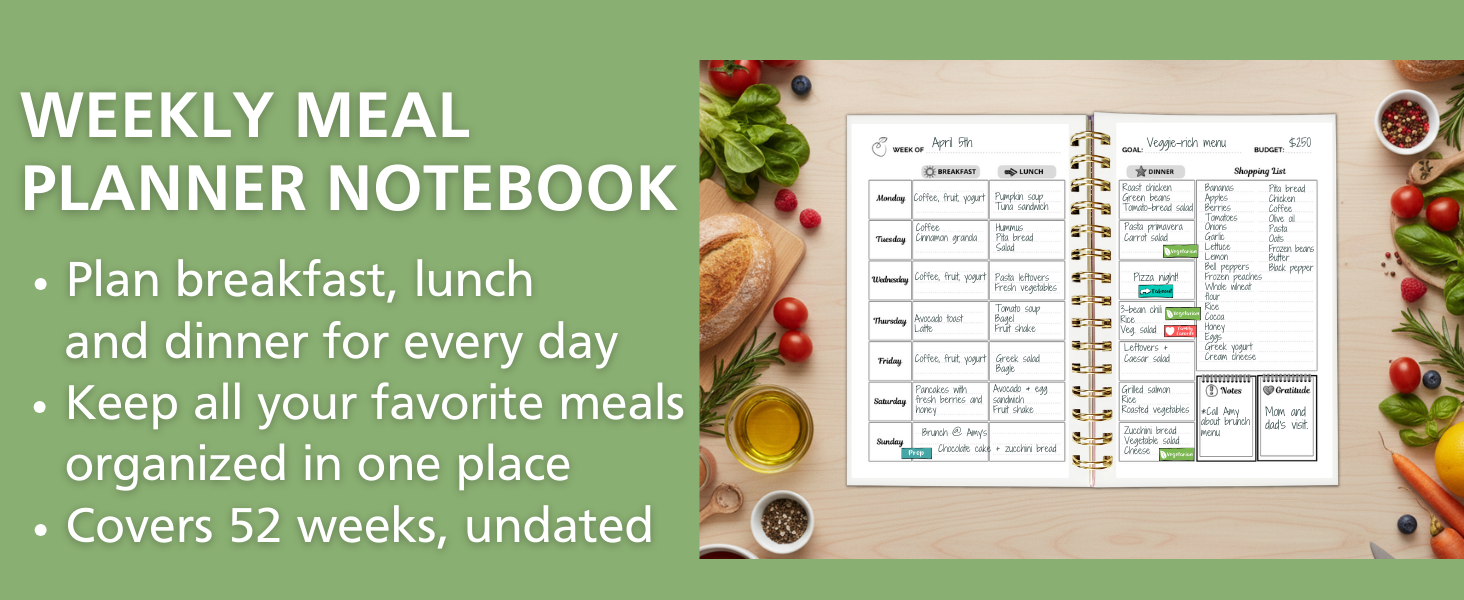 weekly meal planner notebook next to fresh produce