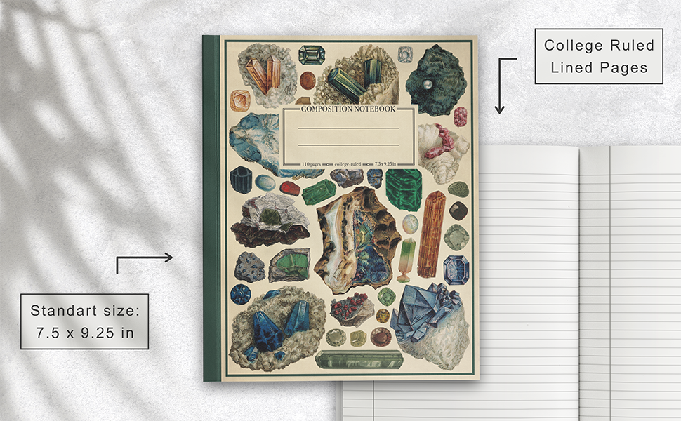 Composition Notebook with a picture of minerals on the cover and additional information.