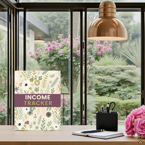A wooden desk with the product lying open, surrounded by colorful flowers and a pen.