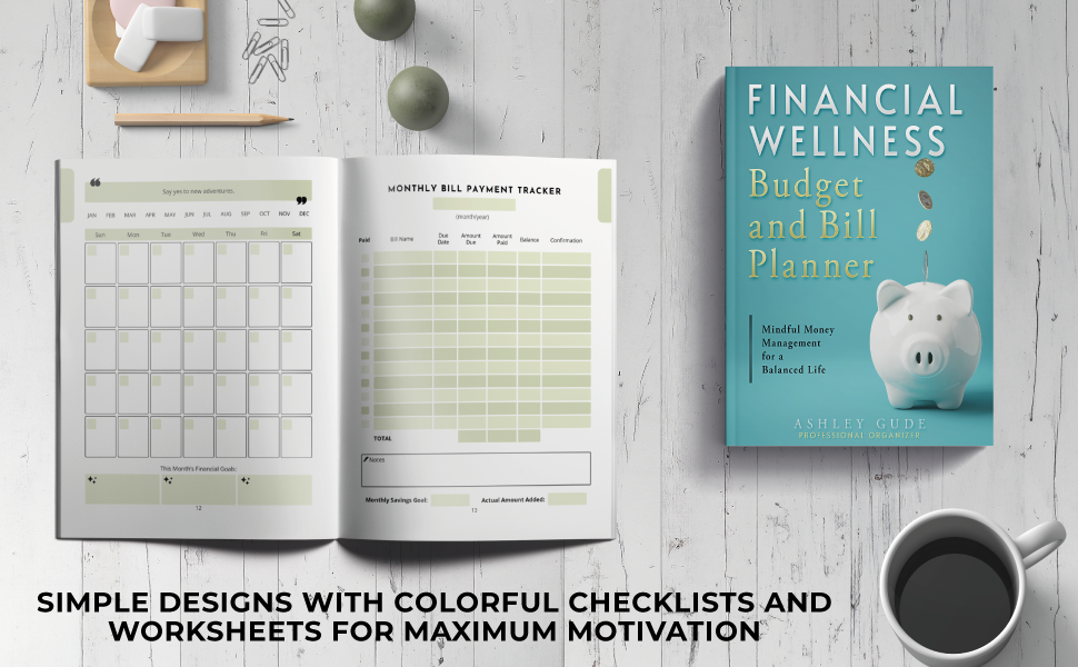 Muted green interior pages of undated calendar with monthly goals flanked by columned bill tracker