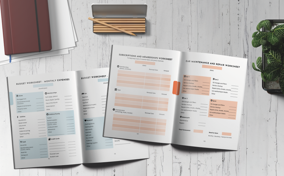 Colored interior pages with budget worksheets 