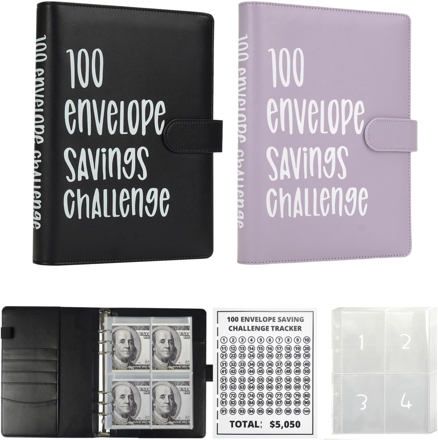 LANBOUY 100 Envelopes Money Saving Challenge Binder Budget Planner, Budget Book With Cash Savings Challenge, 52 Week Money Binder, 4 Envelopes Per Page, A Total Of 25 Pages