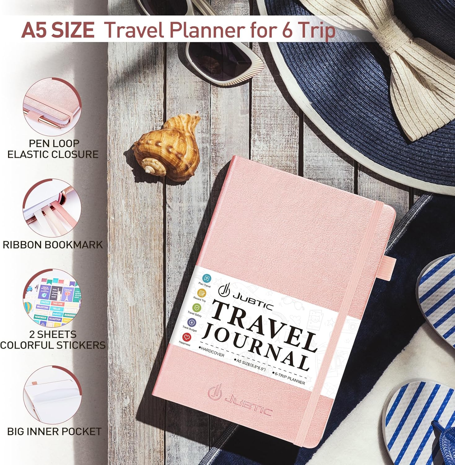 JUBTIC Travel Journal & Planner, Vacation Organizer with Budget Tracker & Checklist, A5 Size Trip Diary & Notebook for 6 Trips, Travel Gifts for Women, Men & Couples (Rose Gold) - Image 2