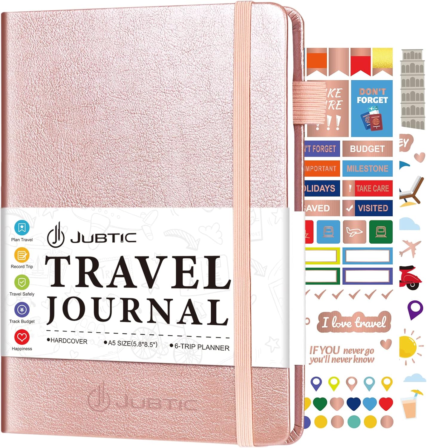 JUBTIC Travel Journal & Planner, Vacation Organizer with Budget Tracker & Checklist, A5 Size Trip Diary & Notebook for 6 Trips, Travel Gifts for Women, Men & Couples (Rose Gold)