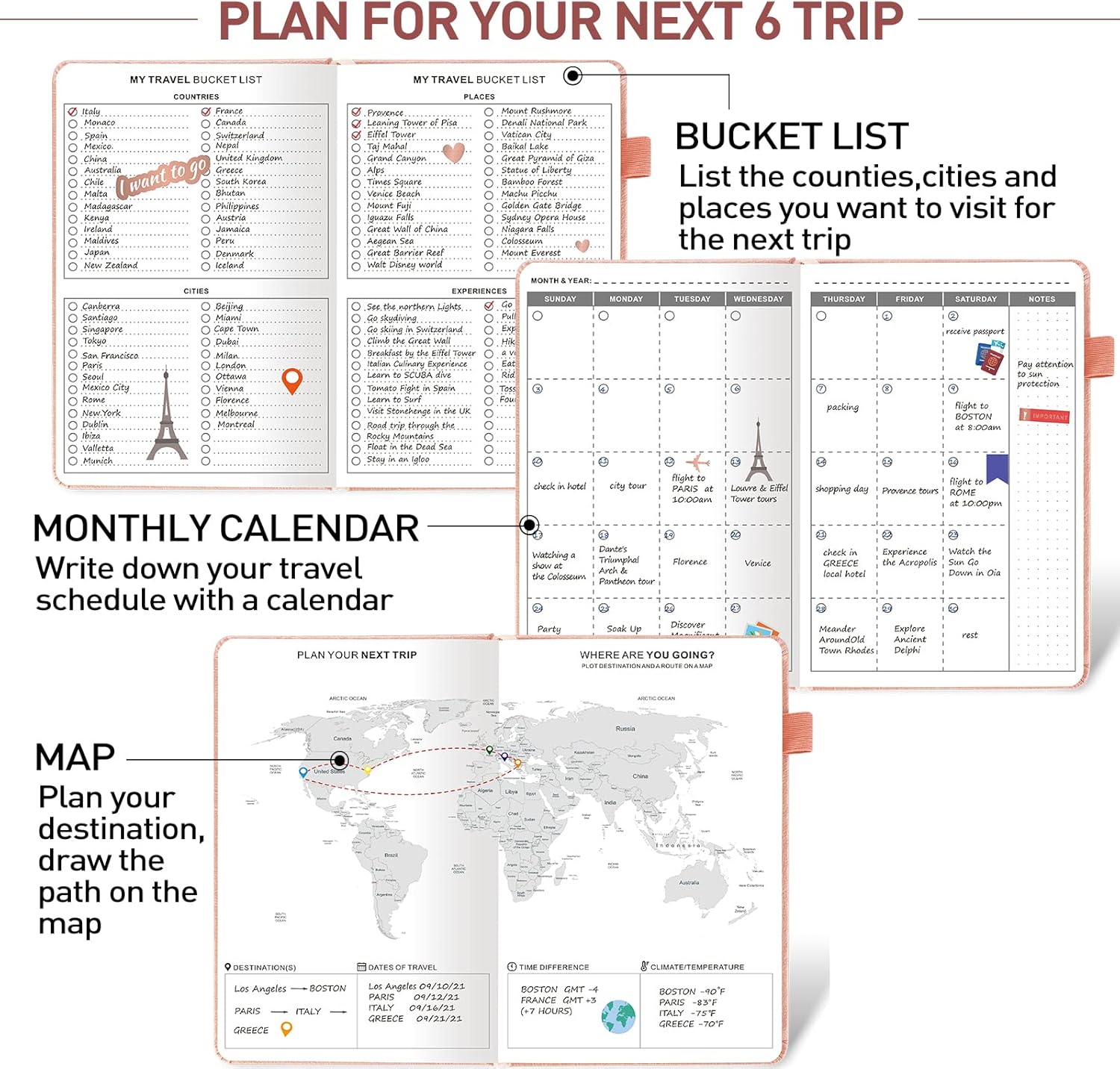 JUBTIC Travel Journal & Planner, Vacation Organizer with Budget Tracker & Checklist, A5 Size Trip Diary & Notebook for 6 Trips, Travel Gifts for Women, Men & Couples (Rose Gold) - Image 3