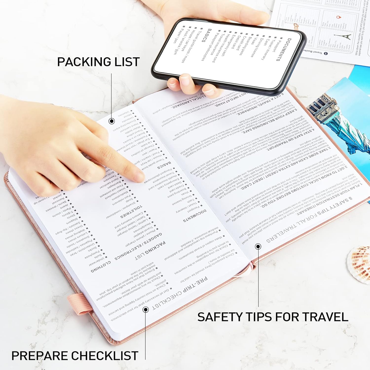 JUBTIC Travel Journal & Planner, Vacation Organizer with Budget Tracker & Checklist, A5 Size Trip Diary & Notebook for 6 Trips, Travel Gifts for Women, Men & Couples (Rose Gold) - Image 6