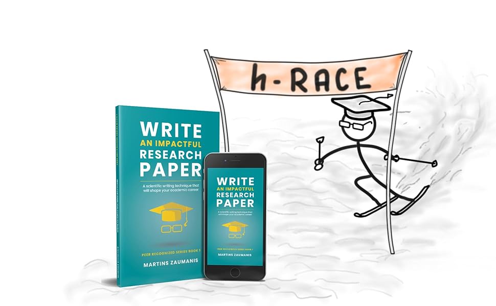 A scientist racing from a hill to grab the book Write an Impactful Research Paper