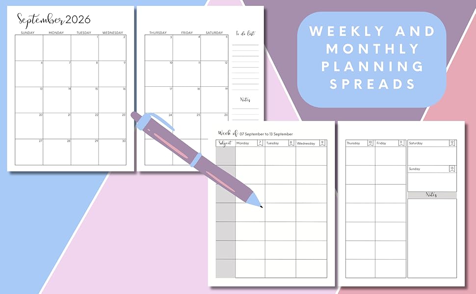 Image of the monthly and weekly planning spreads in the &amp;#34;2026-2027 Homeschool Planner.&amp;#34;