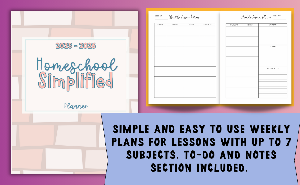 2025-26 Homeschool Simplified Planner Cover, Pale Pastel Geometric Pattern, Weekly Plan Sample